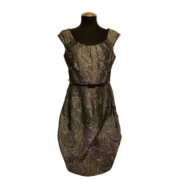 London Times Black Gray Swirled Metallic Cap Sleeve Belt Waist Dress NWT Size 10 - Picture 1 of 9